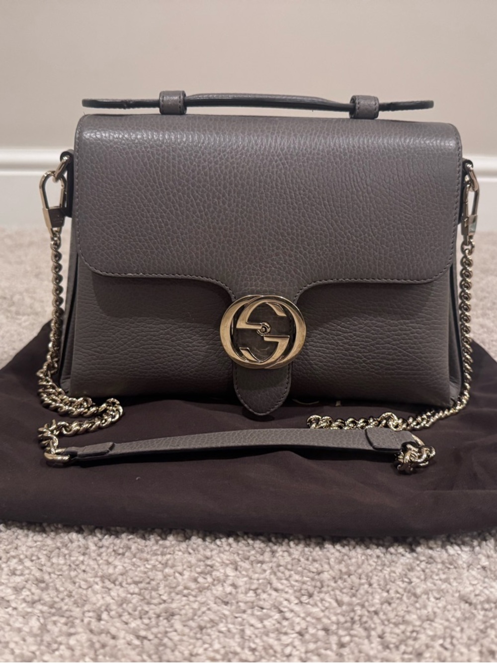 Gucci Grey Leather Shoulder Bag with Gold-Tone GG Clasp